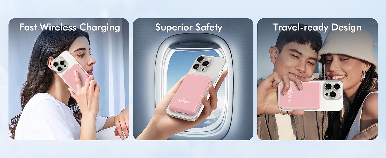 Podoru for MagSafe Battery Pack, 10000mAh Power Bank Built-in USB-C Lighting Cables Wireless Magnetic Portable Charger for iPhone 17/16/15/14/13/12Series