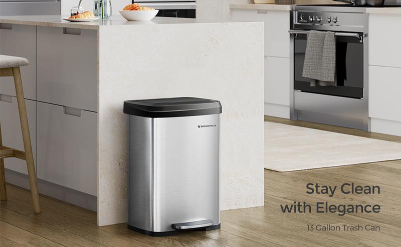 SONGMICS Kitchen Trash Can, 13 Gallon (50 L) Stainless Steel Garbage Can, with Stay-Open Lid and Step-on Pedal, Soft Closure, Tall, Large and Space-Saving
