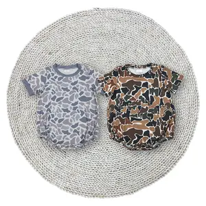 Baby Boys Grey Brown Hunting Season Camouflage Short Sleeve Snaps Button Ups Stretchy Soft Bubble Rompers