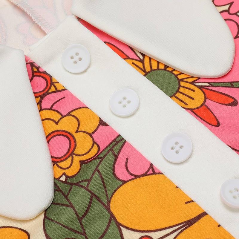 Retro Stage 1960s Orange Printed A-Line Dress with Peter Pan Collar, 3/4 Sleeves, Floral Patchwork Pockets, Lightweight for Commuting Casual Outings