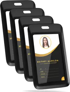 4 Pack Sliding Black ID Badge Holder, Heavy Duty Plastic ID Badge with Clear Window, Vertical Key Card Holder Protector Pouch for Office School ID Cards Proximity Key Cards Drivers Licenses & Passes GoorDik
