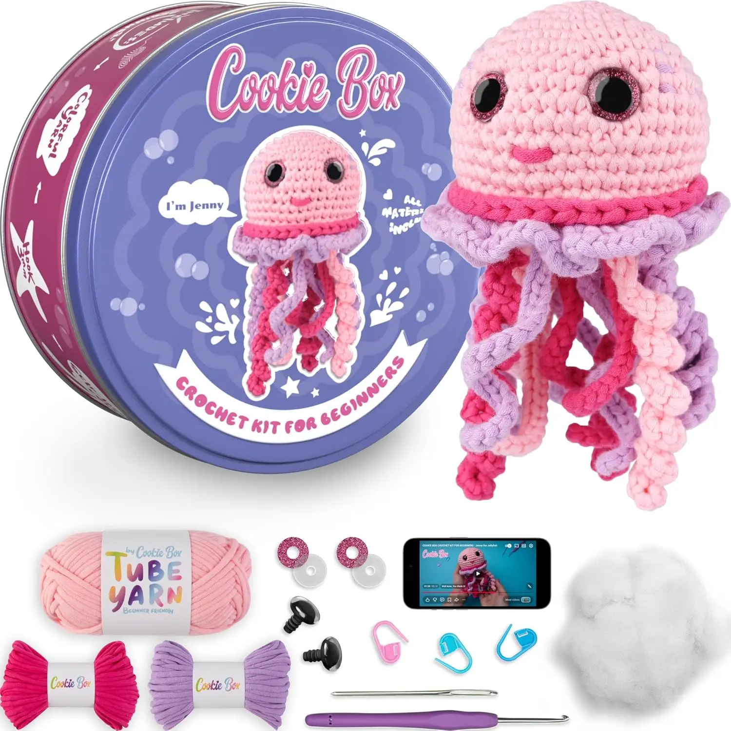 Cookie Box Crochet Kit for Beginners, Jellyfish Jenny | All Materials Included, Step-by-Step Video Tutorials, PDF Patterns, Easy DIY Craft, Amigurumi and Knitting Gift Set