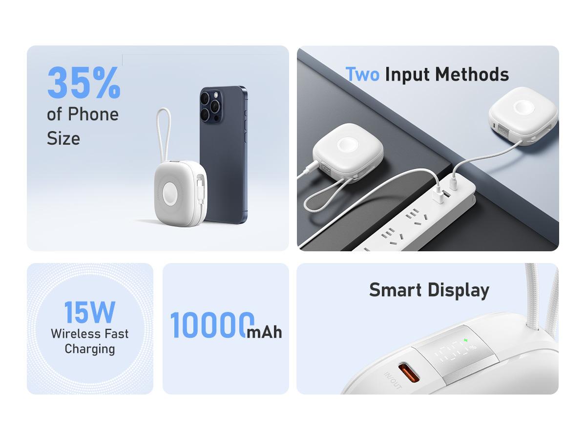 Charmast 10000mAh Magnetic Wireless Power Bank 20W PD Fast Charging 3-in-1 Portable Charger for Smartphones Smartwatches & Earbuds Built-in USB-C Secure MagSafe Wireless Charging Travel Battery Pack Cable Chargeable