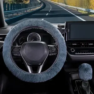 Furry Car Winter Steering Wheel Cover for Men Women with Fluffy Gear Shift Cover Soft Warm Non-Slip Car Decoration Cars Stuff Accessories Warm Cute Fluffy Car Wheel Protector Cover for Sedan SUV