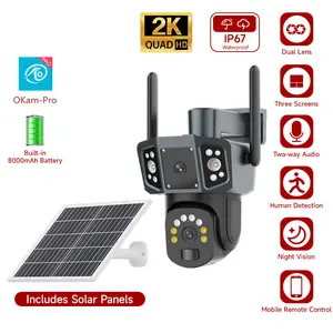 OKam-Pro 2K Quad HD Solar-Powered PTZ Security Camera with 360° View, IP67 Waterproof, Motion Detection, Two-Way Audio, Night Vision,  Compatible, White & Gray wi-fi Dual-Lens Automatic Tracking