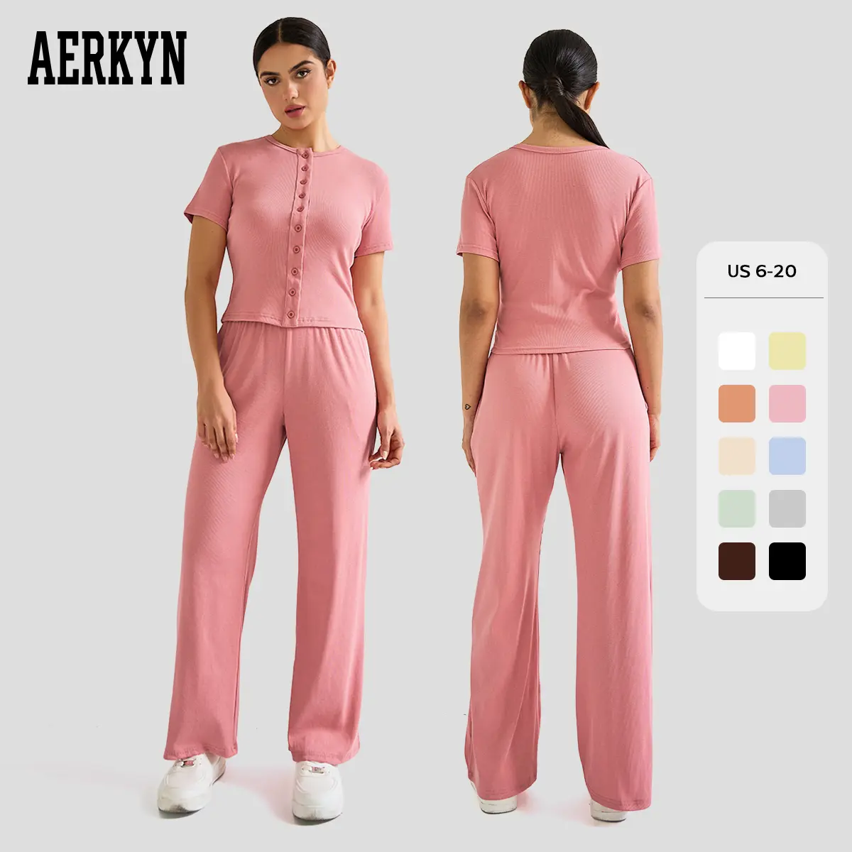 Women's Basic Button Short Sleeve Slim Top & Wide Leg Trousers Co-ord, Minimalist Solid Color Two Piece Outfits, Comfortable Womenswear (US)