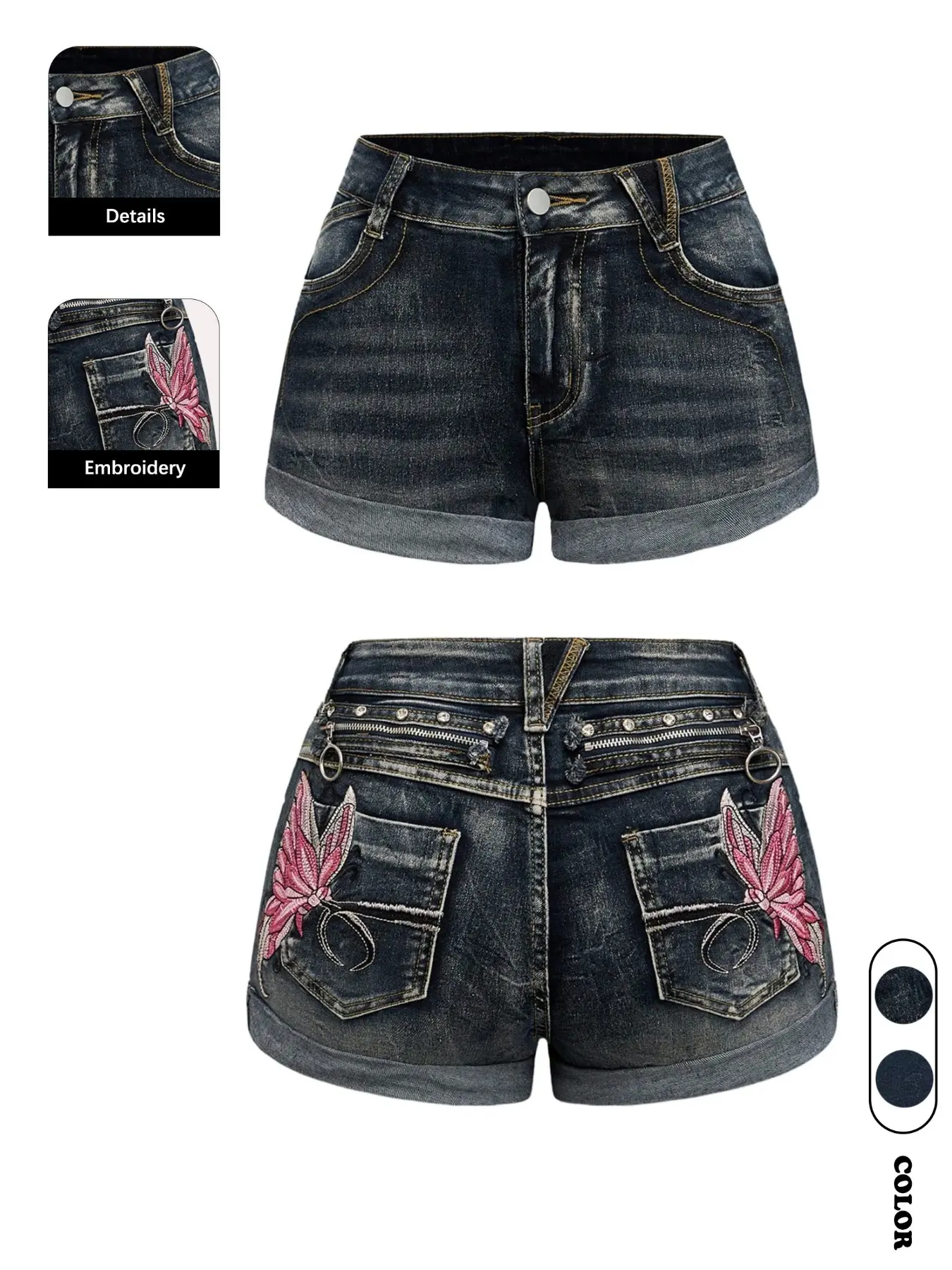 Women's Summer Vibes Elastic Stretchy Denim Shorts, Casual Denim Shorts, Butterfly Embroidery Design, Button Fly Closure, Mid Waist, Casual Beach Wear, Denim Shorties
