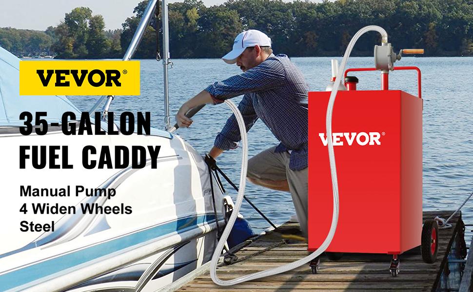 【Spotlight Day】VEVOR Fuel Caddy, 35 Gallon, Gas Storage Tank on 4 Wheels, with Manuel Transfer Pump, Gasoline Diesel Fuel Container for Cars, Lawn Mowers, ATVs, Boats, More, Red Bottles Hand