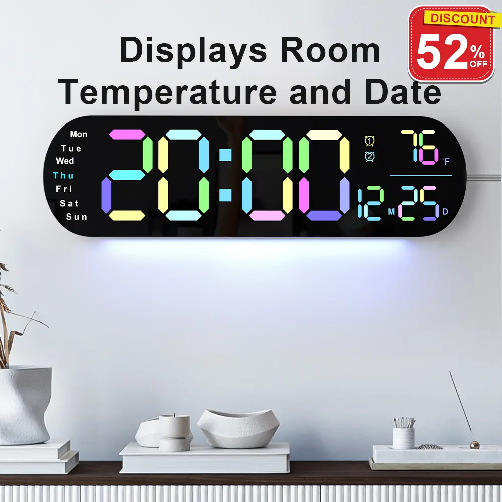 13.7in Black Plastic Rectangle Modern Adjustable Automatic Digital Wall Clock Set - Home Supplies, Home Decor, Color Changing RGB LED Nightlight, Auto Brightness, Remote Control, Dual Alarm Timer, 12/24H Mode, Temp Display, Elder-Friendly Kid Room Use