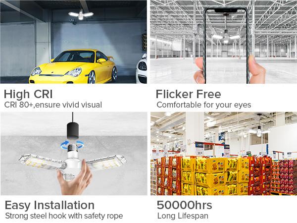 SANSI Garage Ceiling Light 30W LED Deformable 3300LM 5000K Daylight White with 3 Adjustable Panels, ETL Certified, Screw in E26 Bulb Socket