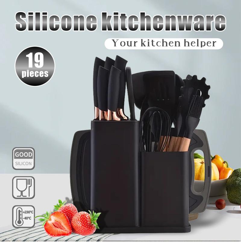 Black friday sales 2025 pots pans set 19 Piece Kitchen SetCutleryCooking Utensils, HeatResistant Silicone Cutlery 6Piece Sharp Knife Set2 Piece Cutlery Cutting BoardWoodCookware Rectangular Round Stove WoodenPlasticWhite Kitchenware