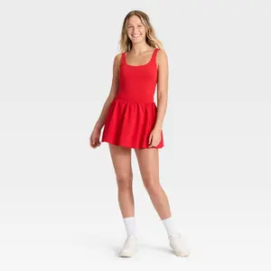 JoyLab Women's Game Day Bubble Skort Active Dress - Square Neck Sleeveless Mini Dress with Built-in Bra & Shorts