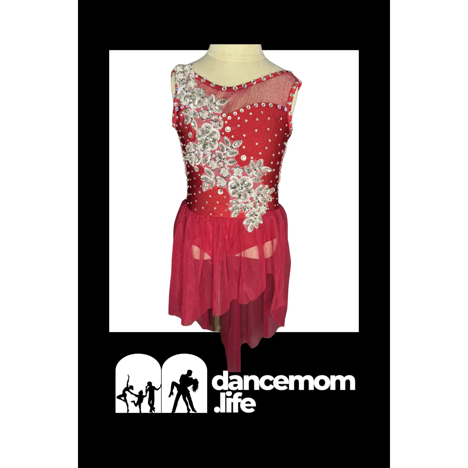 Crimson Bloom Duet Dance Costume (2 available) | Floral Rhinestone Applique Leotard with Chiffon Skirt | Girls Size 6 | Lyrical Contemporary