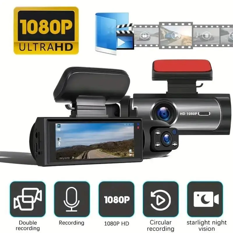 Car Dash Camera - Automotive Video Recorder with High-Definition Front & Rear Dual-Lens, 3.16-in IPS Screen, Plug-and-Play, Suction Mount, Infrared Camera, Micro SD Support, Charging-Required for Driving Safety, Car Cameras