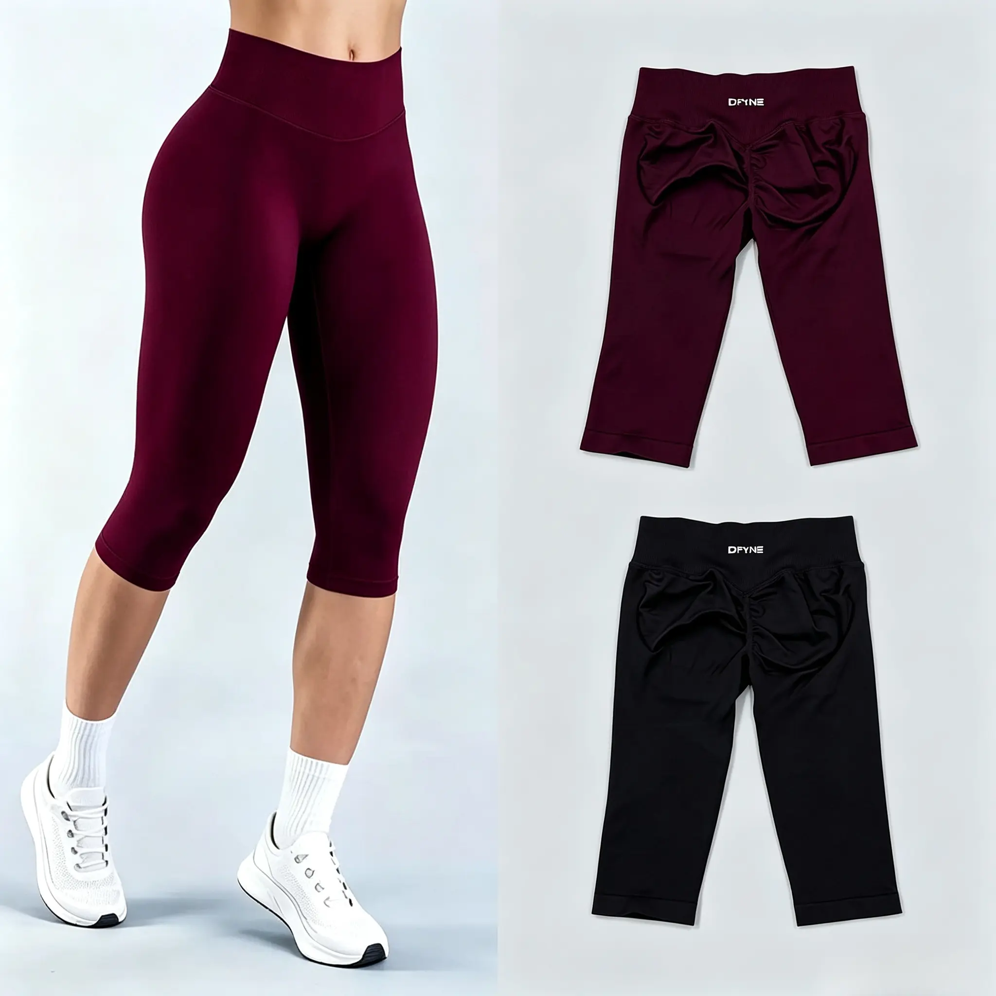 DFYNE Workout Capri Pants| Compression Booty Contour Yoga Leggings, Tummy Control Athletic Gym Activewear