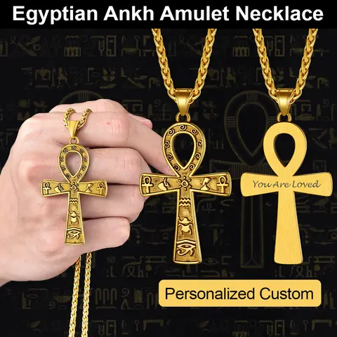 [Leave a Note/Message] U7 Glossy Ancient Egyptian Ankh Cross Necklace, 14K Gold-Plated 316L Hypoallergenic Stainless Steel Jewelry, 7-Style Custom Pendant Amulet, Exquisite Gift for Adult Women, Cross Necklaces