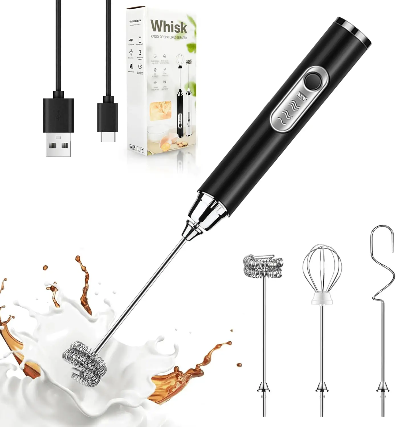 Rechargeable Handheld Milk Frother with 3-Speed Motor, Food-Grade SS Whisks (2 Pcs), Decoration Tool & Stand, Coffee Foam Maker with Handheld Grip, Portable Size for Latte, Cappuccino, Functional