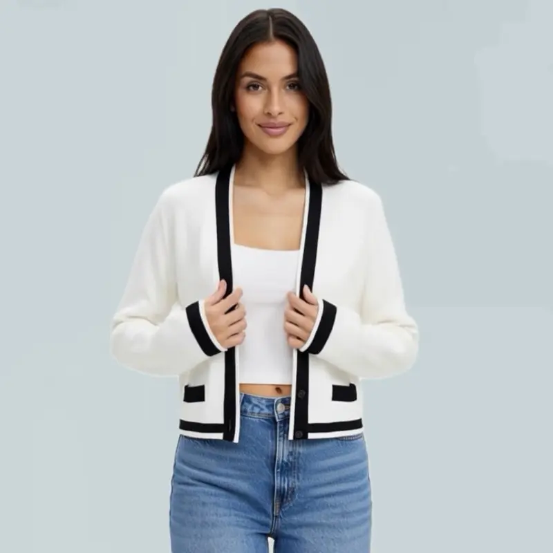 White Cropped Cardigan with Black Trim — Short Open-Front Knit Bolero Sweater, Elegant Casual Cardigan, Preppy Chic Trend 2026, Perfect Layering Piece for Tops & Jeans