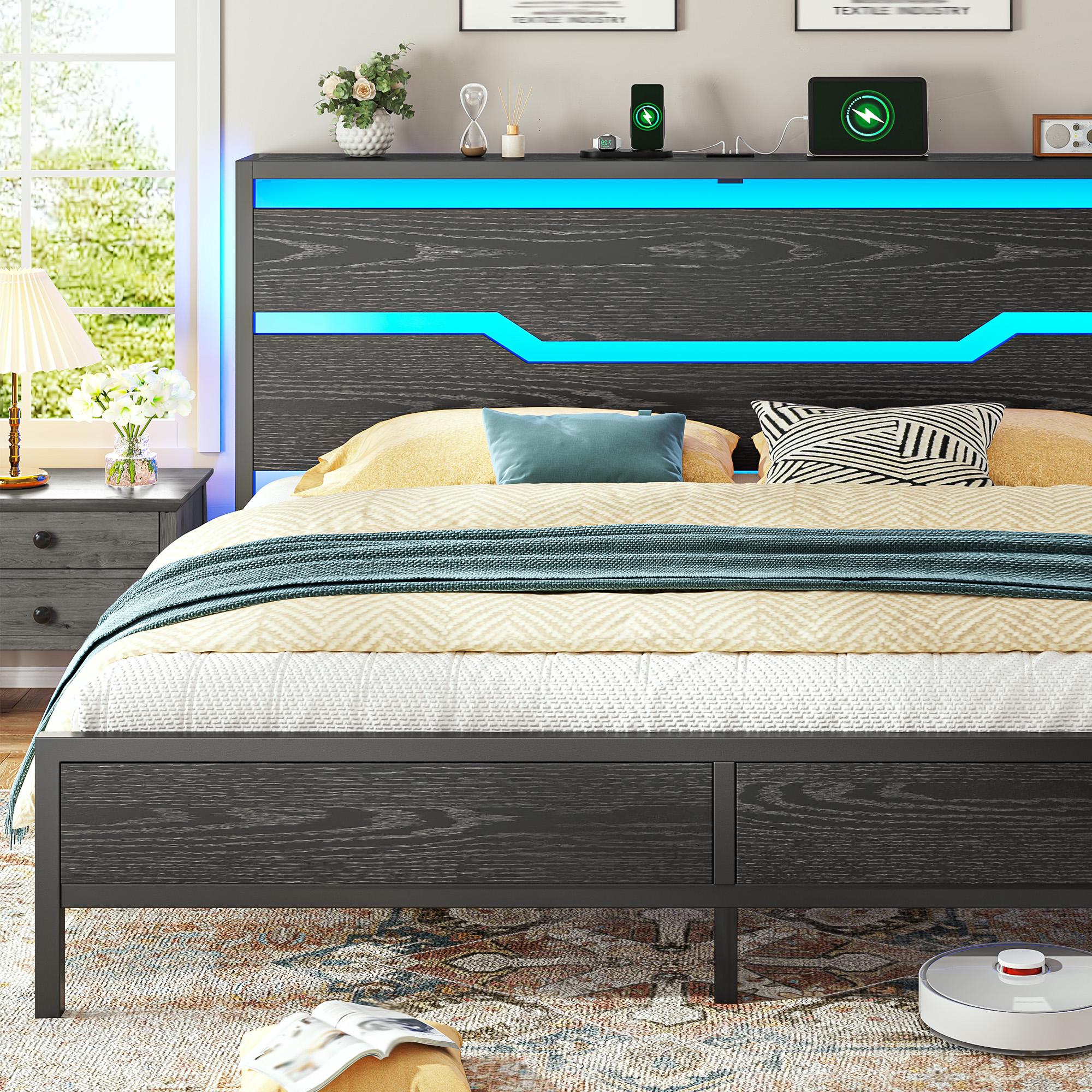 Wood Bed Frame for Queen King Full with Headboard & Storage Shelf, Queen Size Bed Frame with LED Lights & Charging Station,  No Mattress, Holds up to 900LBS with Metal Slats & Frame, No Noise