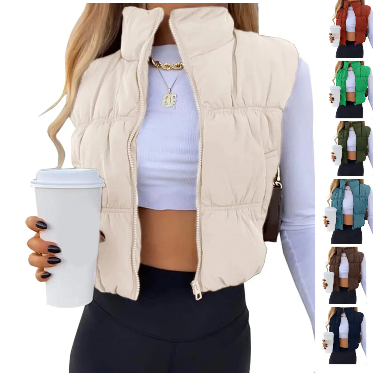 Ommig Women's Retro Casual Cropped Zip‑Up Puffer Vest Stand Collar Sleeveless Lightweight Padded with Pockets