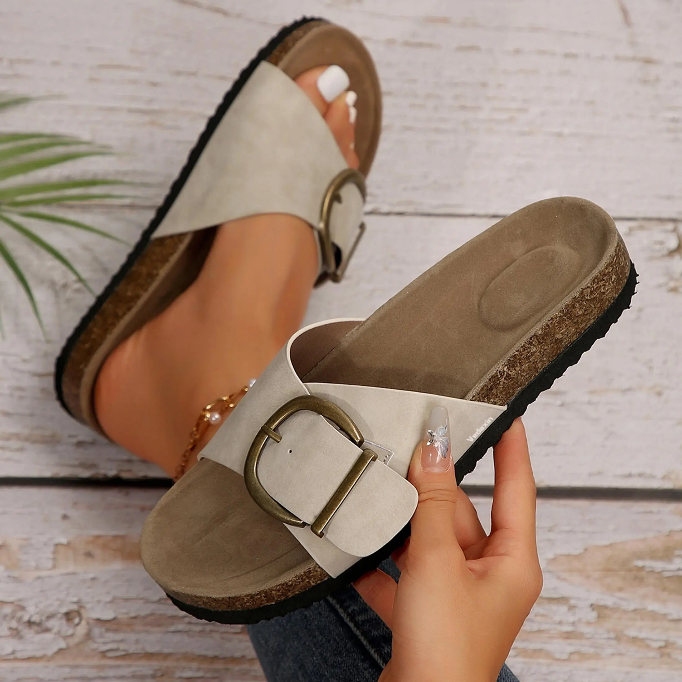 Women's Single Strap Cork Footbed Slides Buckle Detail Casual Sandals Indoor Outdoor Shoes.Dear, you can adjust the buttons on the shoe upper according to your foot width
