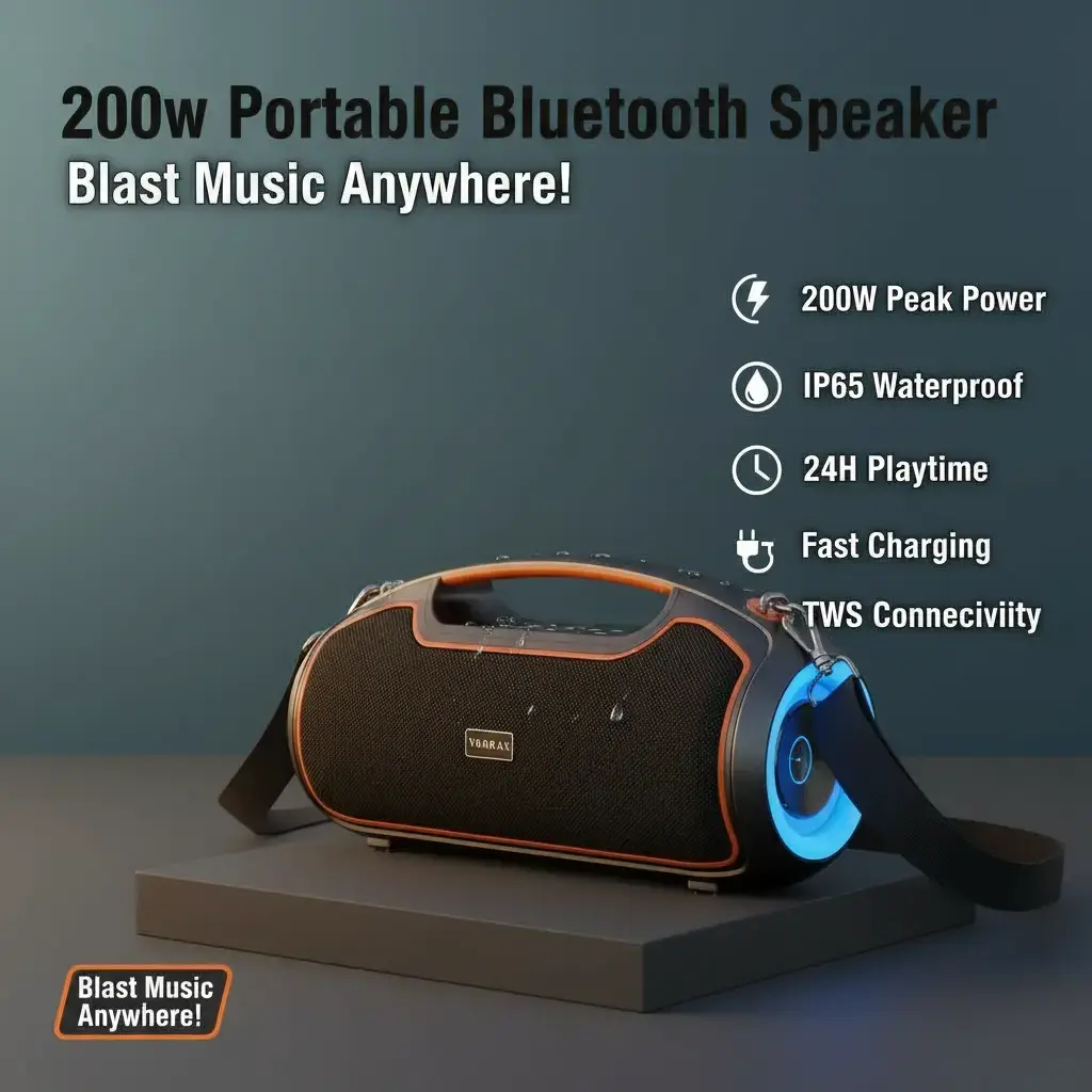 Portable Bluetooth Speakers, 200W Peak Loud Sound and Deep Bass for Party, IP65 Waterproof Wireless Outdoor Speaker w/ 2*Subwoofer/Tweeter/DSP/Bass Boost/Fast Charging/TWS/TF/USB/AUX, 24H Playtime