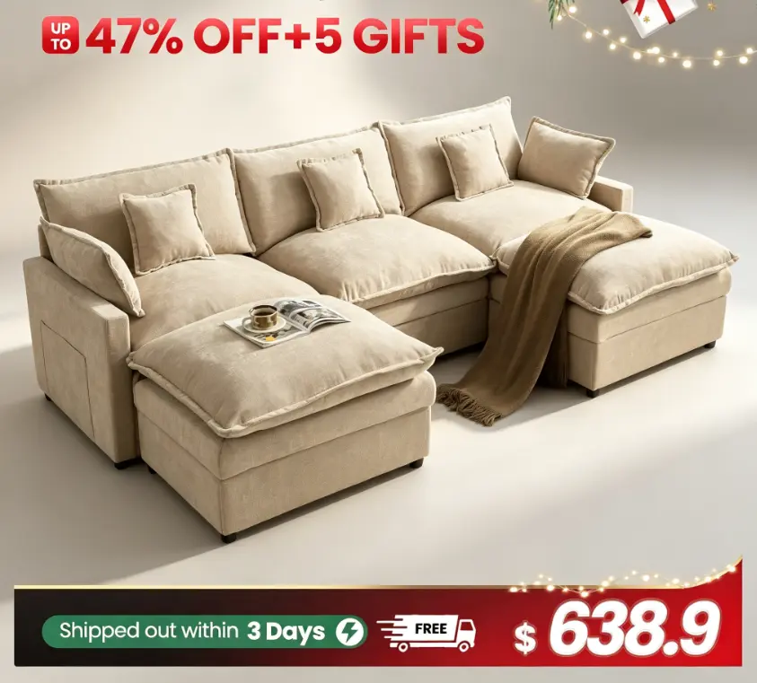 【2/3 Packages Shipping】Ovios 108" U-Shaped Modern Sofa Modular Sectional Cloud Couch with 2 Ottoman, Comfy Chenille Deep Seat Sofa Bed with 5 Pillows for Living Room, Bedroom and Apartment, 5-Seater