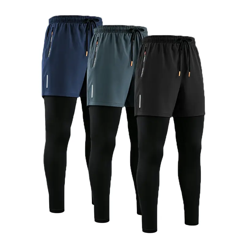 Men’s 2-in-1 Slim-Fitting Polyester Blend Athletic Leggings, High Stretch, Quick-Drying, Anti-Friction, Breathable, Plain, All Seasons, Multi-Functional Pockets, Suitable for Gym & Jogging