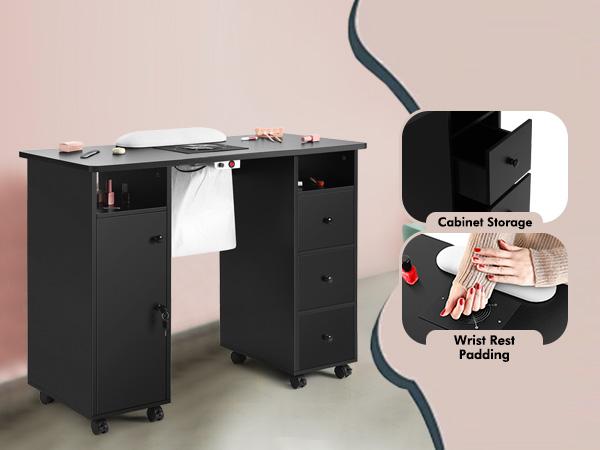 Nail Beauty Manicure Desk with Electric Downdraft Vent Wrist Cushion Lockable Wheels Storage Drawers & Wooden Handle Black