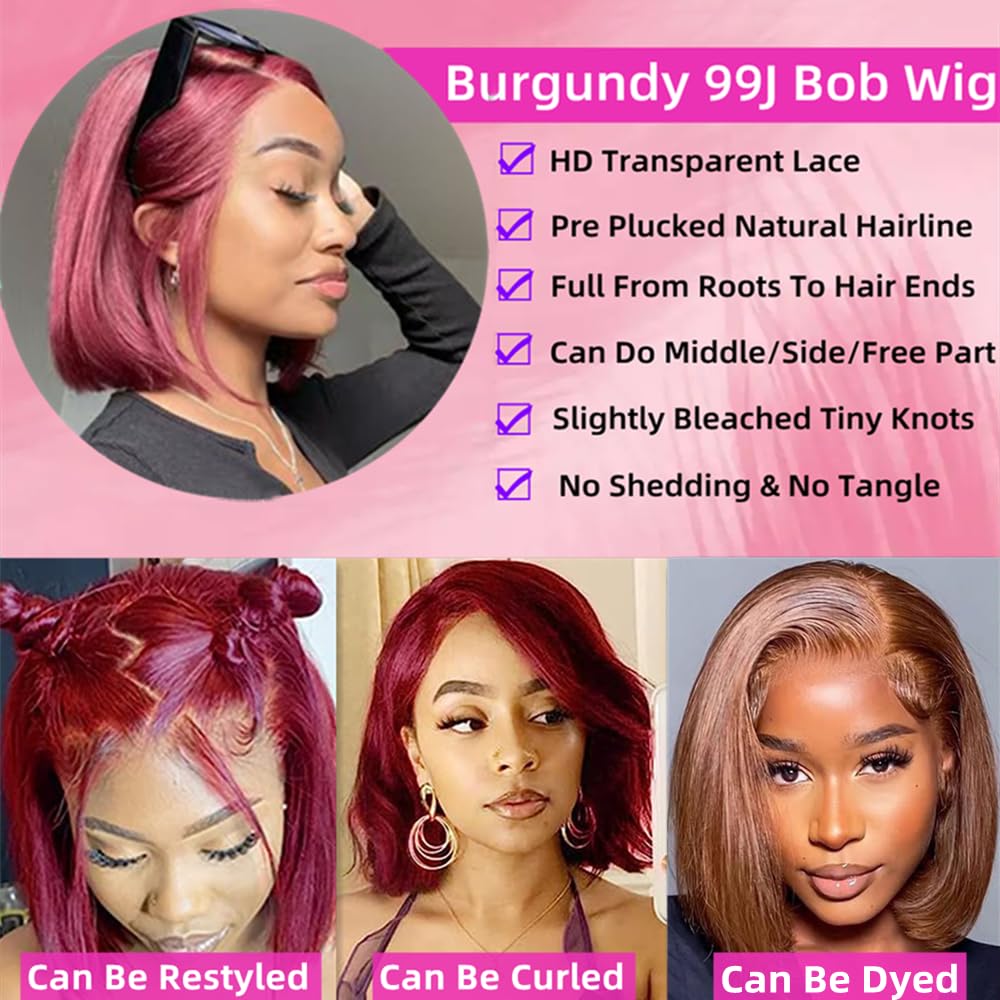 Human HaIr Wigs 13x4 Lace Front Wigs for Black Women 99j Burgundy Bob Wig  Straight Burgundy Human Hair Pre Plucked 180% Density Transpaent Lace Frontal Wig 99j Short Bob 10 inch