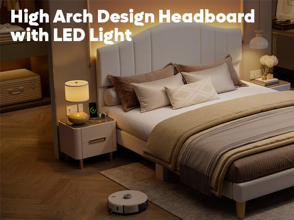 Pinmoco Upholstered Bed Frame with Adjustable Arc-shaped Headboard LED Platform Bed Modern Elegant Design Sturdy Noise Free Quick Assembly No Box Spring Needed Pinmoco Upholstered Bed Frame with Adjustable Arc-shaped Headboard LED Platform Bed Modern Elegant Design Sturdy Noise Free Quick Assembly No Box Spring Needed