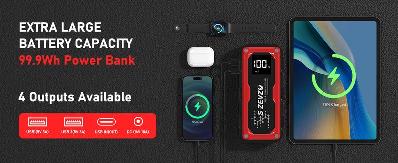 8000a Peak Portable Car Jump Starter with LED Light – Emergency Booster Battery Pack, Power Bank, Wireless Charging, Car Battery Jump Starter Tool​