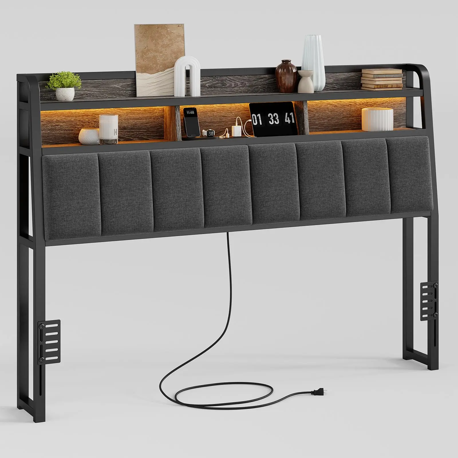 【BackToSchool】ONBRILL Ergonomic Upholstered Headboard for Bed (Queen/King Size, Headboard Only) - 2-Tier Storage, Color Changing LED Lights, USB Ports, Height Adjustable, Sturdy Base, Modern Bedroom Furniture Home Decor, Linen Upholstery Feels Soft