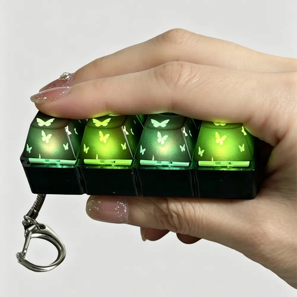 Stress-Relieving Mechanical Keyboard Fidget Clicker - Unisex, Butterfly Pattern Crystal Keycaps, LED Lights, Portable Keychain Pendant, for ADHD Anxiety Relief,Keyboard Fidget Toy,Sensory Fidget Keychain