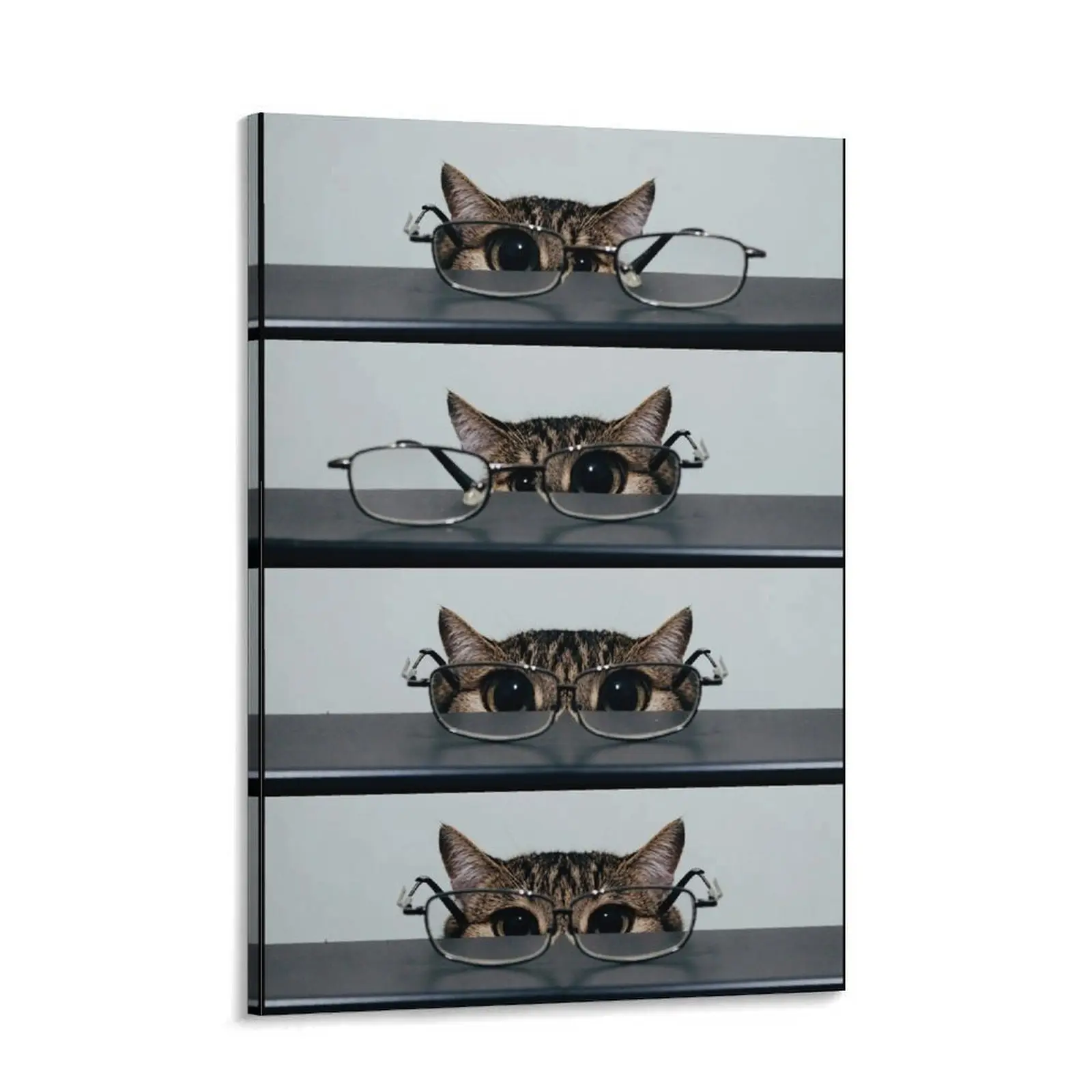 4-Panel Funny Glasses-Wearing Tabby Cat Canvas Wall Art, Playful Look Pet Print Poster, Room Inspo Decor for Living Room, Bedroom