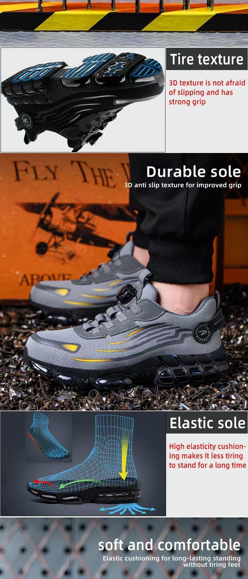 Men's Lace Up Low Top Anti Piercing & Anti Smashing Safety Shoes with Rotating Button Breathable Contrast Mesh Anti-Slip Sole for Outdoor Work