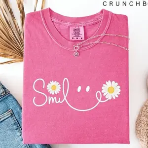 Smiley Daisy Womens Shirts, Emoji Smile Tee for Mom, Comfort Colors, Trendy Floral Tee Shirts, Inspirational Gift for Her, Summer Vibe Gifts