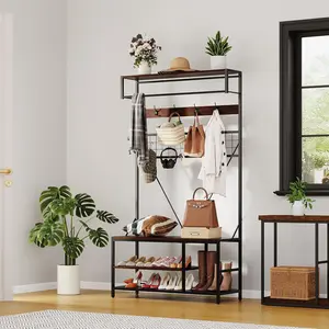 5-in-1 Hall Tree Coat Rack with Bench - Entryway Organizer with Adjustable Shoe Storage, Hanging Rod & 9 Hooks - Space-Saving Stand for Hallway or Bedroom
