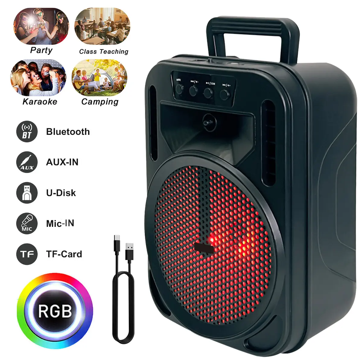 Dazone Wireless Portable FM Bluetooth Speaker 6.5 inch Subwoofer 100W Power RGB Lights AUX-IN TF-Card Mic-IN for Karaoke Camping