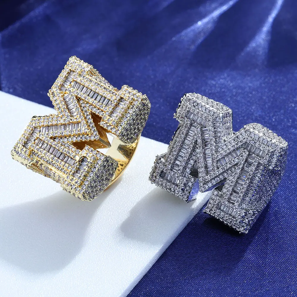 Male Adults' Iced Out Initial M Alphabet Ring - Hip Hop Style Inlay Multi Gemstone Ring with Rhinestones, Artificial Gemstone Jewelry Gift for Couples, Alphabet Letter Ring