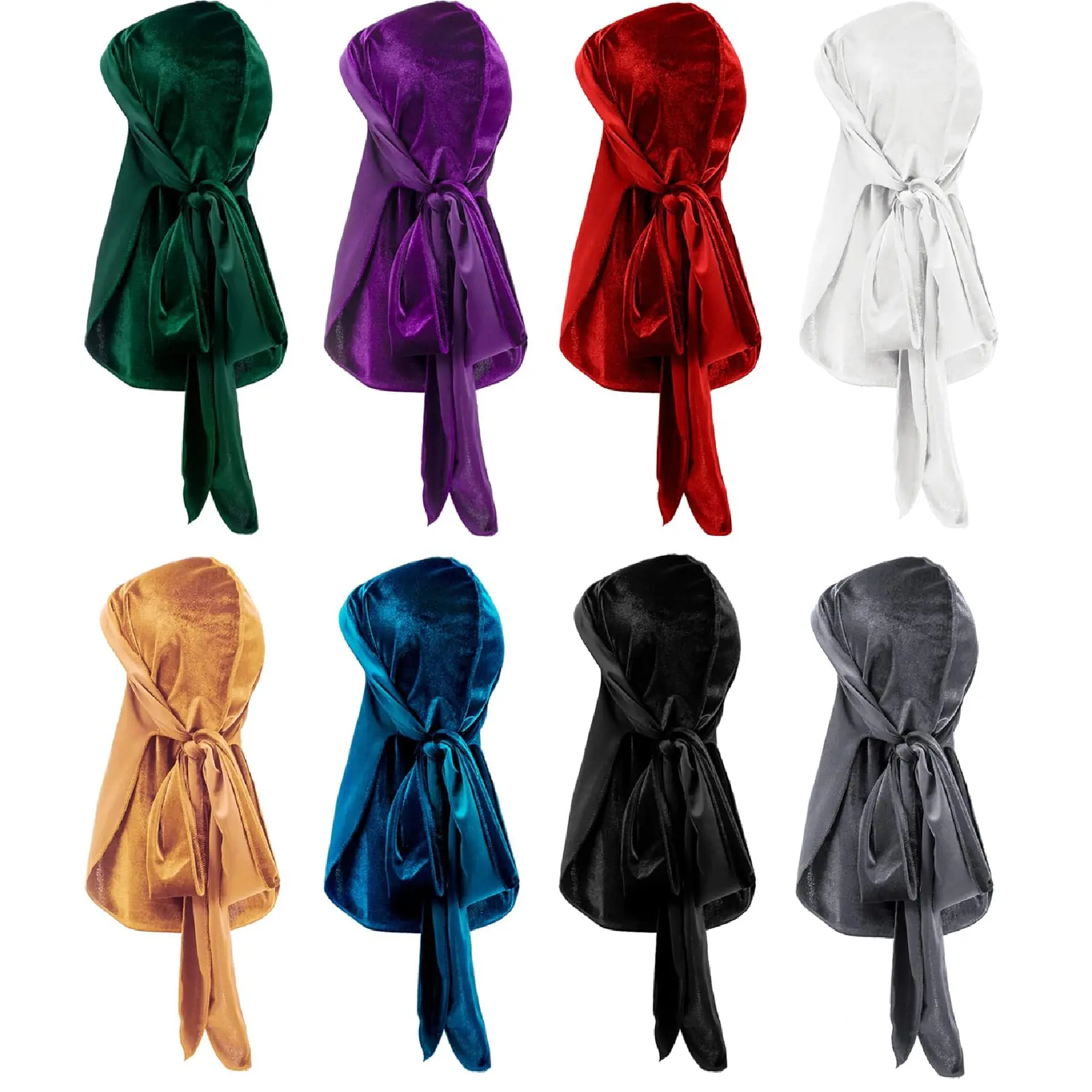 Unisex Velvet Headscarf Hat Set (8 Pieces) - Wide-Band Long-Tail Design, Suitable for Wavy Hairstyles (Multiple Colors)