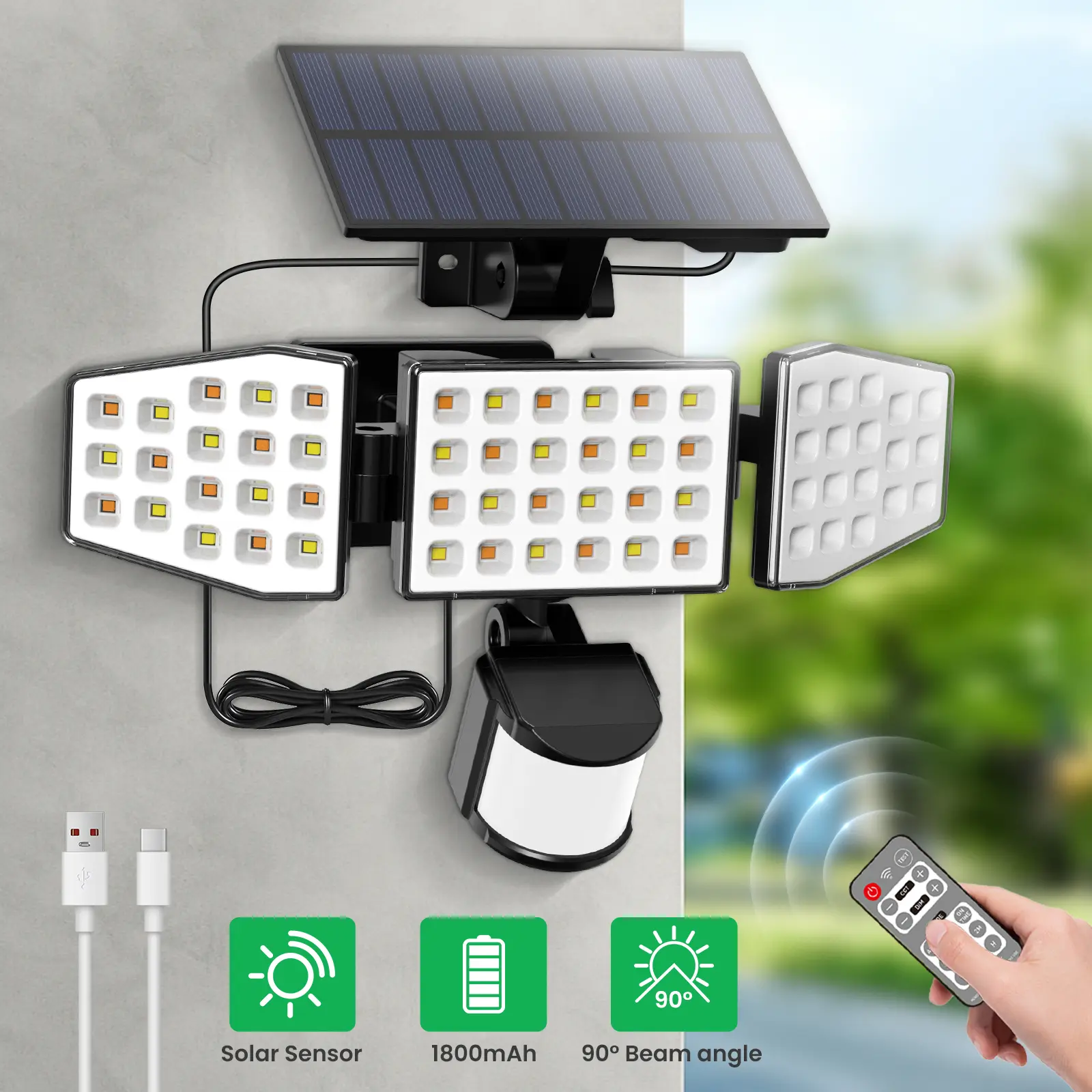 ALUSSO LED Solar Outdoor Wall Lights with Motion Sensor, 5W 3000-6500K CCT Dimmable 3-Heads Wide Angle Security Flood Lights, Remote Control, IP54 Water Resistant, 3 Modes, Solar Cells & Batteries for Garden, Garage