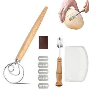 13" Danish Dough Whisk Set with Dough Scraper Bread Lame with 5 Blades and Leather Cover Dutch Bread Whisk Bread Mixer Dutch Bread Dough Whisk Hand Mixer for Sourdough, Pizza, Pastry, Cake