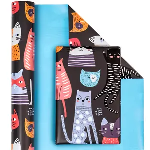 WRAPAHOLIC Black-and-Blue Cat Wrapping Paper Roll - Mini Roll - 17 inches x 33 feet - Adorable cat-patterned wrapping paper perfect for graduations, birthday parties, and baby showers
