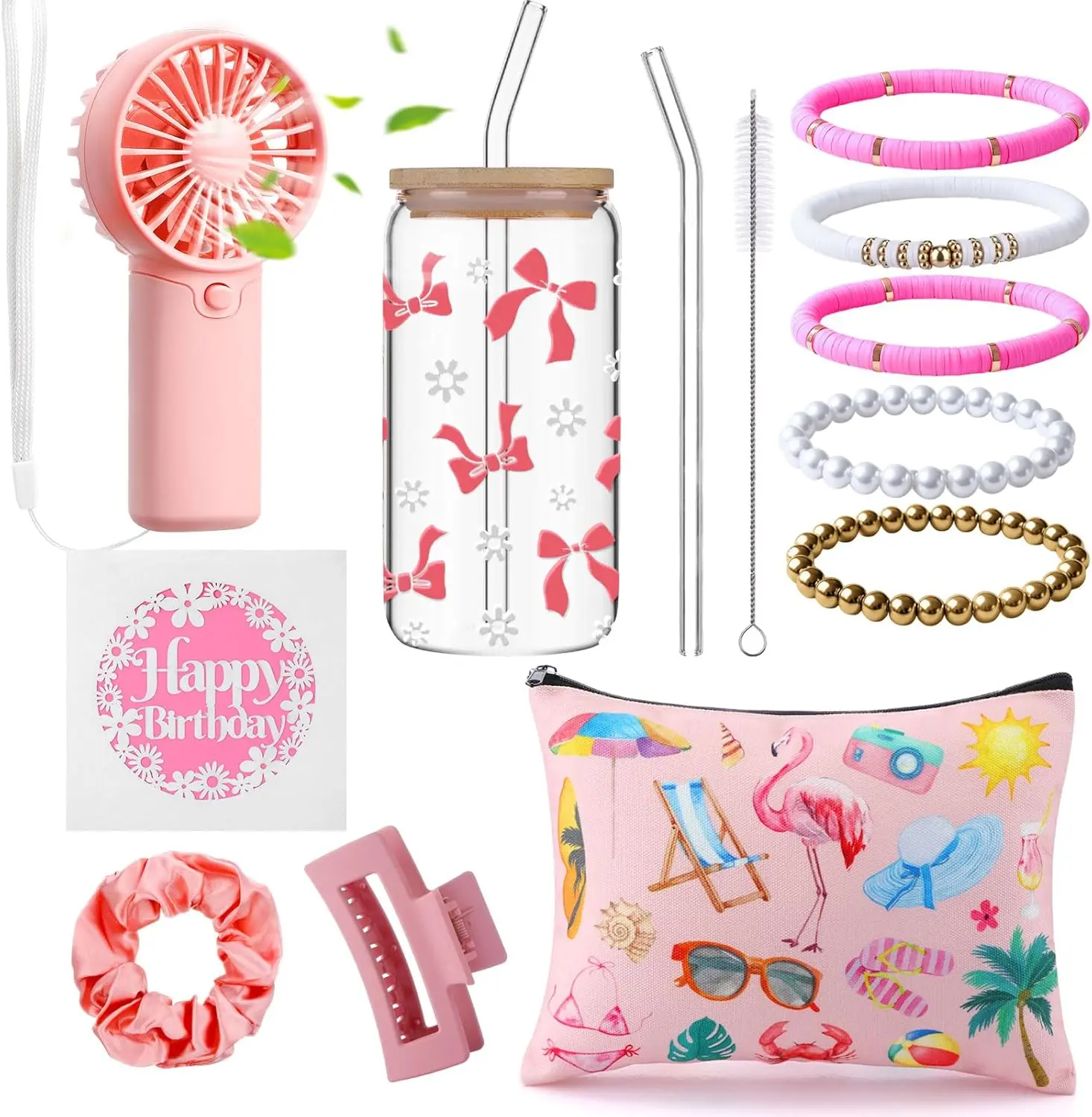 Halloween Fall Gift 7 Pcs Birthday Gifts for Teen Girls Women, Summer Gift Baskets, Cute Daisy Pink Bow Aesthetic Glass Cups Set Happy Birthday Card for Girl Sister Friendship Granddaughter(Pink)