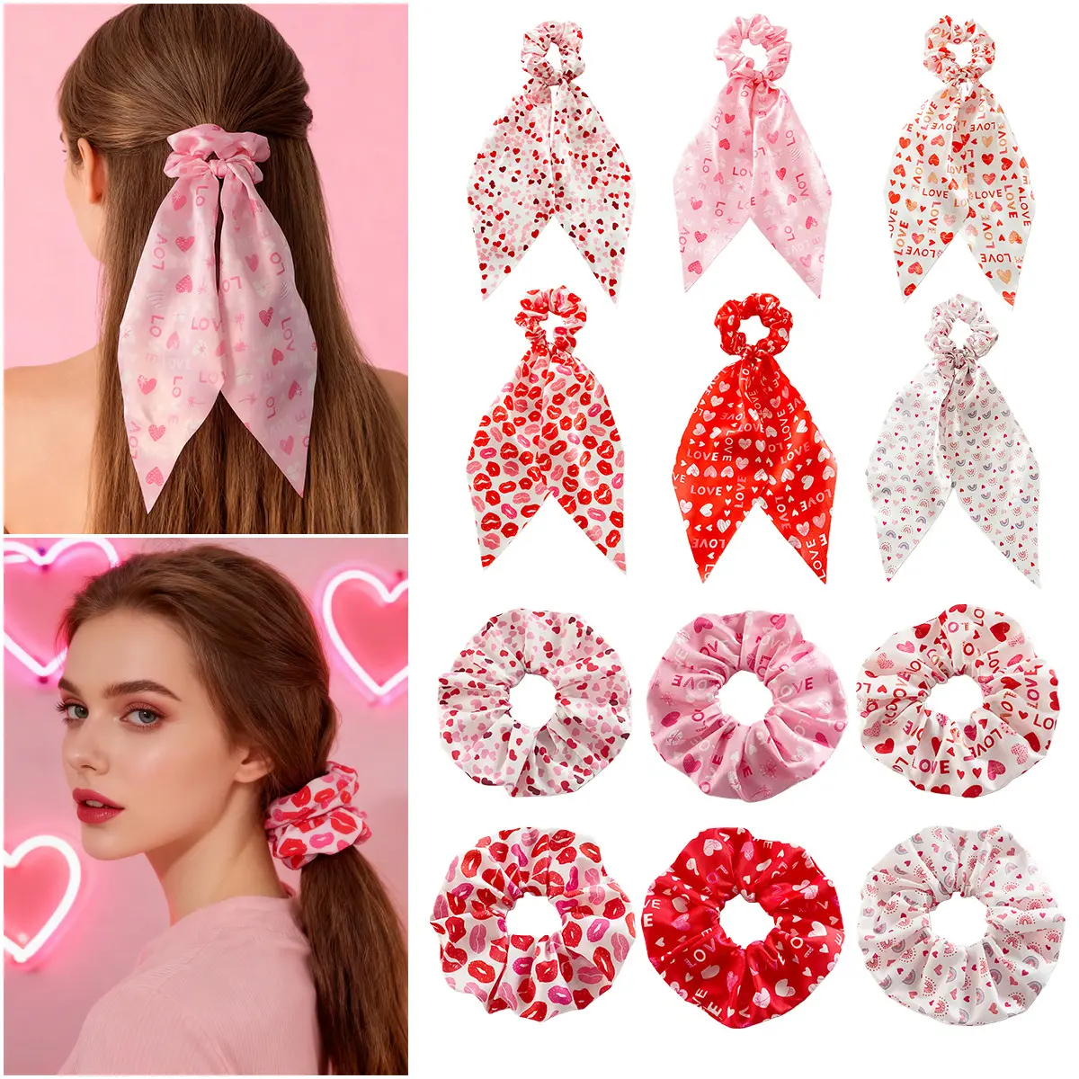 12pcs Bohemian-Style Cute Polyester Hair Ties - High Elasticity, Durable Heart-Shaped Red Lip Print, Bohemian Hairbands & Scrunchies for Ponytails/Buns, Daily Wear & Party Gifts