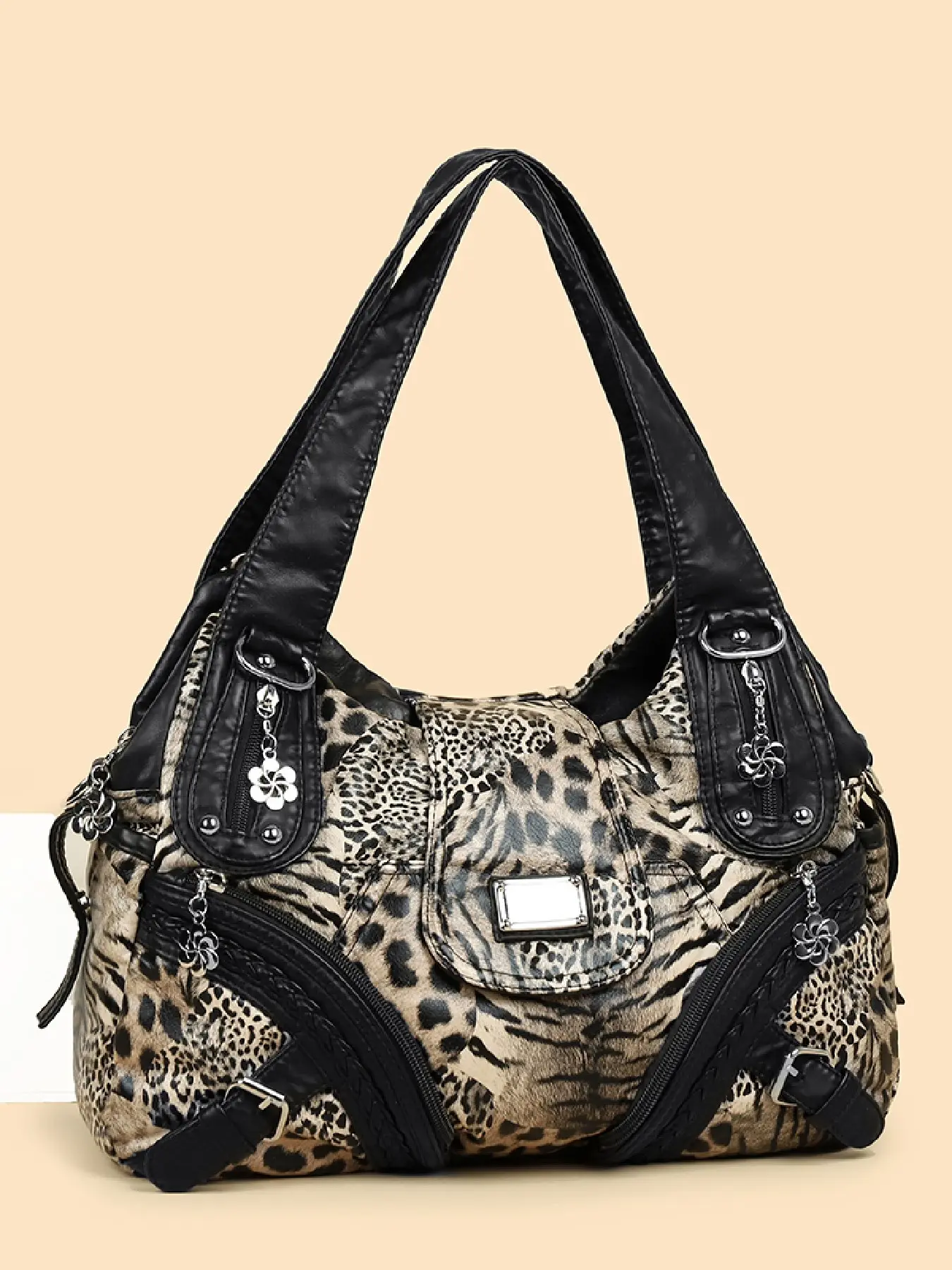 Women's Large Capacity Leopard Print Casual Shoulder Bag, Crossbody Shoulder Bag, Y2K Retro Hobo Handbag, Casual Fashion Bag, Fashionable Casual Bag, Silver Color Accents, Multiple Pockets, Zip Closure, Ideal for Daily Use & Travel