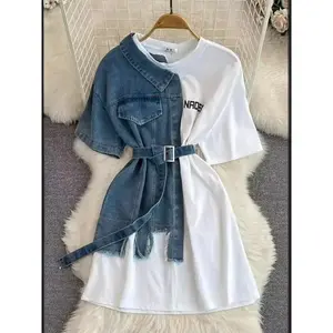 Women's Summer New Vintage Color Block Denim Top High Waist Belted Short Sleeve Round Neck Loose Casual Midi Length Soft Breathable Fabric Daily Streetwear
