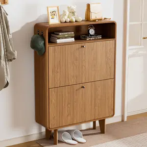 Fluted Shoe Storage Cabinet with 2 Flip Drawers, Narrow Shoe Organizer with Open Storage & Hooks, Freestanding Hidden Shoe Storage Rack for Entryway, Hallway, Walnut