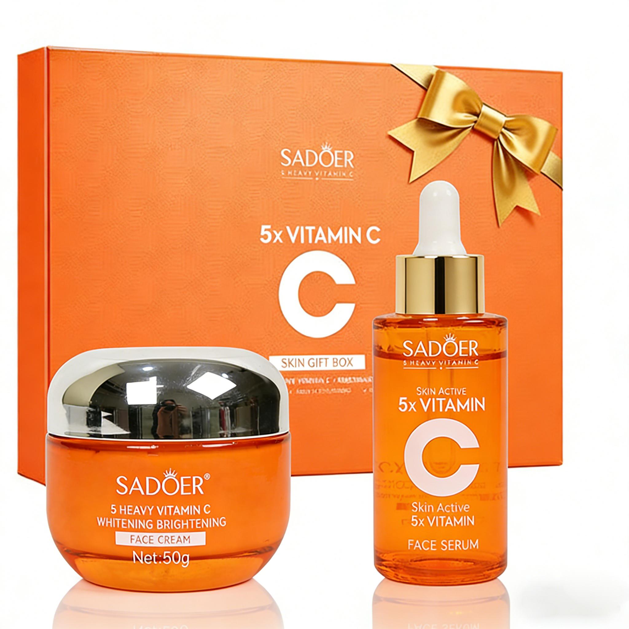 5X Vitamin C Facial Care Set 6-Piece Pack with Cleanser Toner Face Serum Cream & Eye Cream Gentle Skin Cleaning Care Travel Size Kit  for Moisturizing, Brightening, Anti-wrinkle, Radiant Glow - Daily Skincare, Best Gift Daily